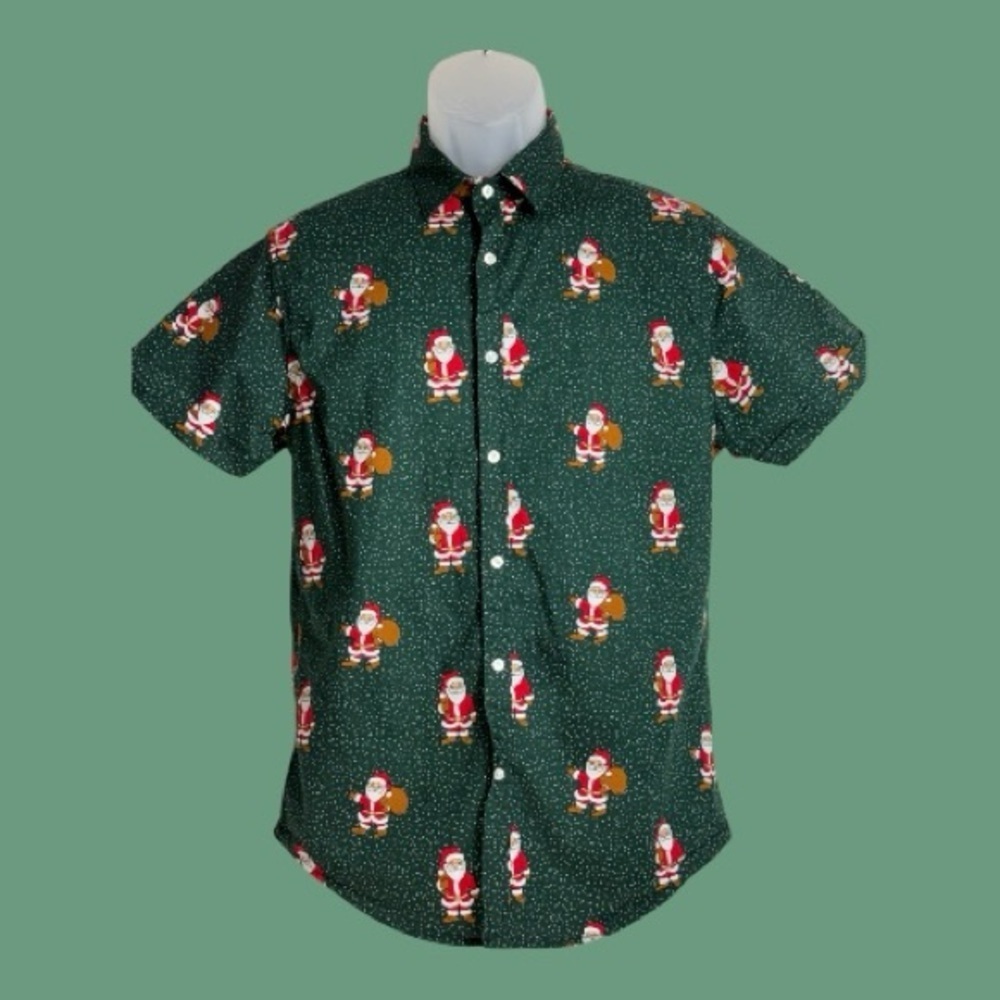 Denim & Flower Ricky Singh Joy to the World Santa Button Down Short Sleeve Small